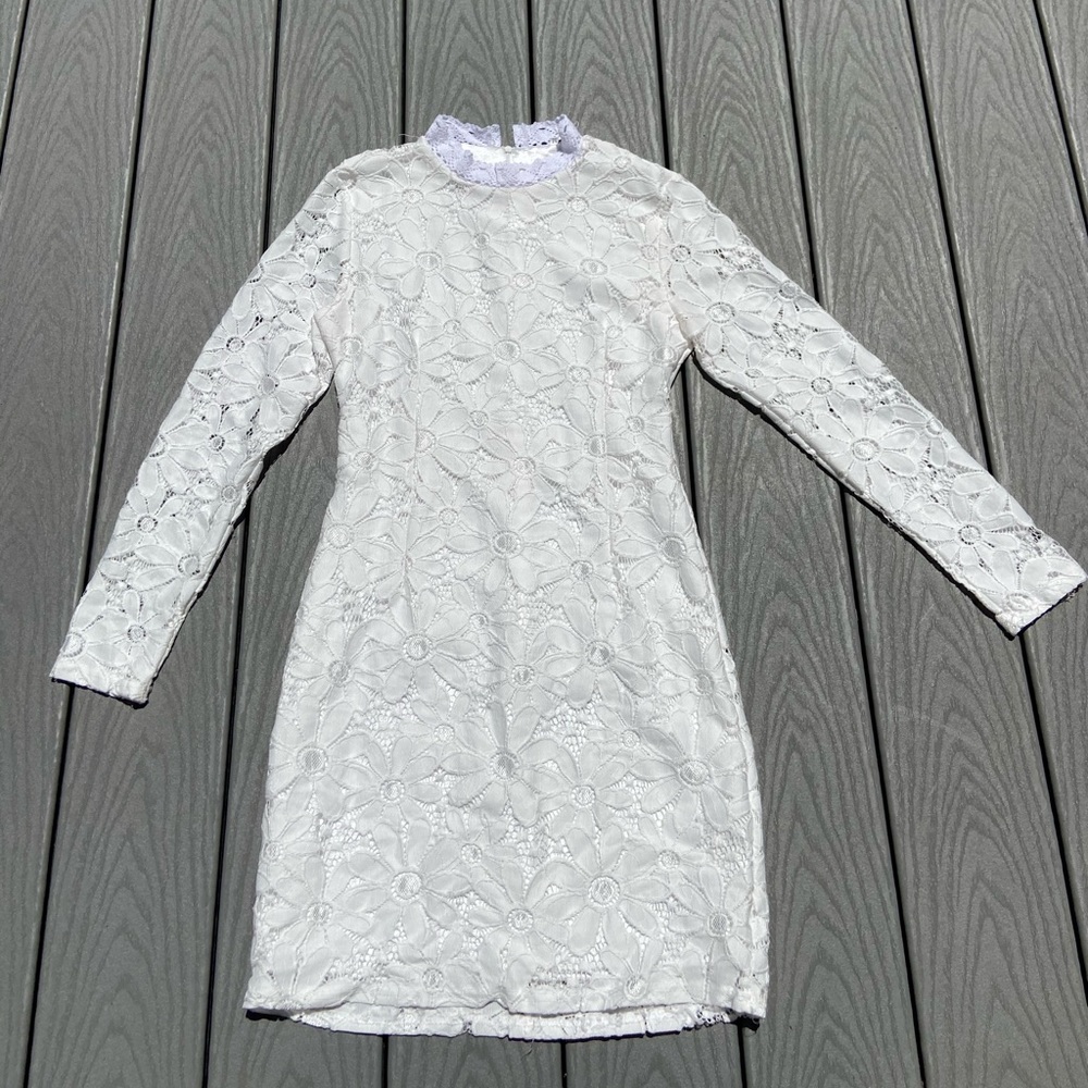 White flower laced semi formal dress.